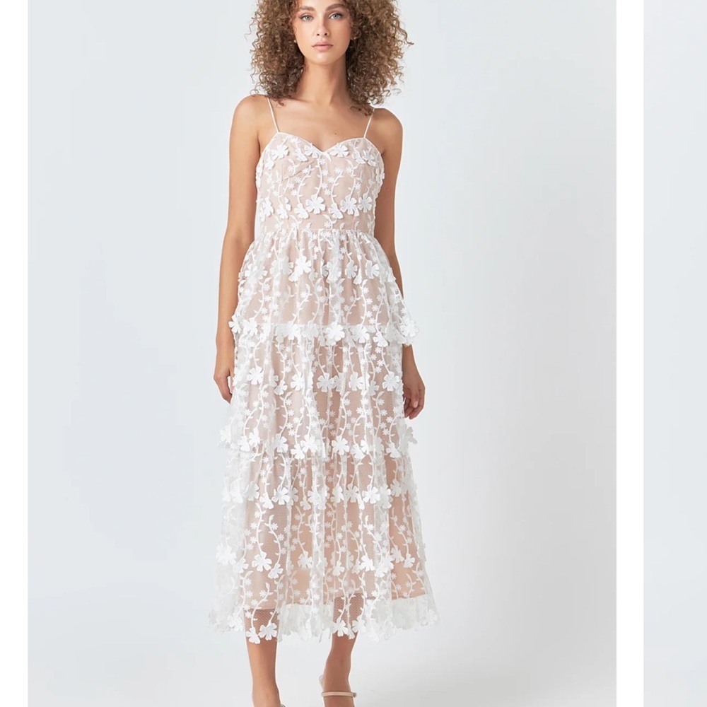 Endless Rose Crochet Layered Midi Dress White Sweetheart Neckline Lined Sz S